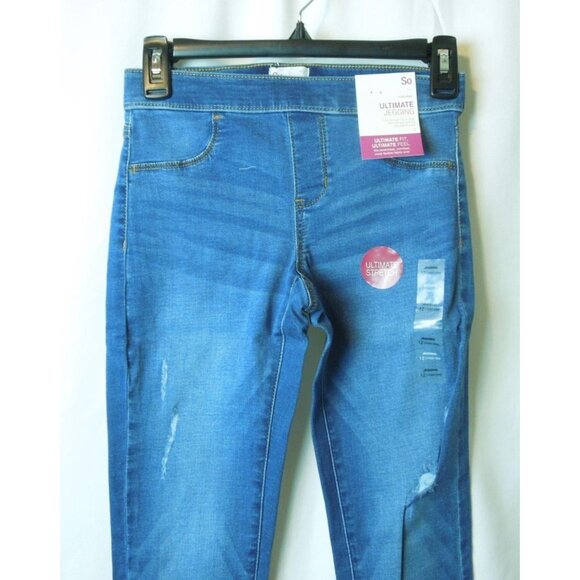 Girls SO Medium Wash Distressed Raw Hem Mid Rise Ultimate Jeggings Size 12 - Picture 2 of 8